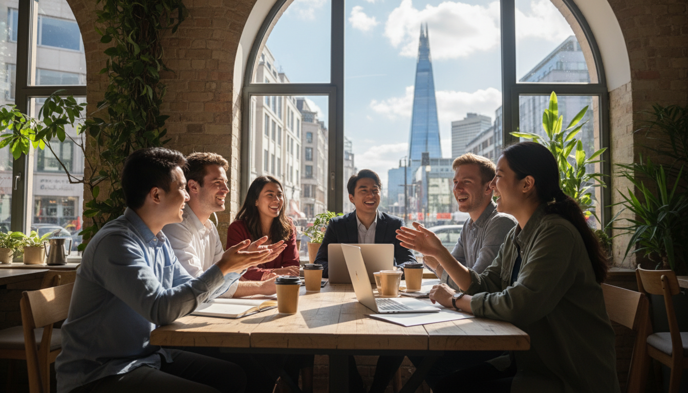 A diverse group of young entrepreneurs sitting in a modern, sunlit London cafe with laptops, looking happy and discussing business plans, with the Shard visible through the window, photorealistic style, high resolution.