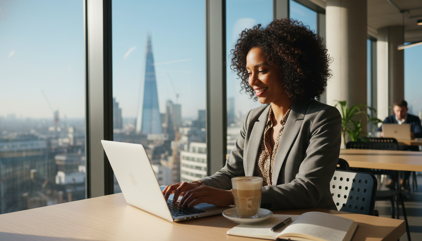 A photorealistic image of a diverse and professional expat entrepreneur smiling while working on a silver laptop in a bright, modern co-working space in London. On the table sits a glass of latte and a notepad, while a large window in the background shows a clear view of the iconic Gherkin building and the London skyline during a sunny afternoon.