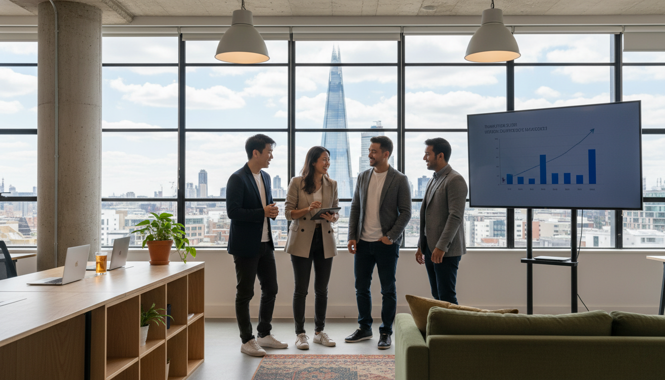 A professional yet casual photo of a diverse group of entrepreneurs in a bright, modern London co-working space, with a view of the Shard through the window, high resolution, photorealistic.