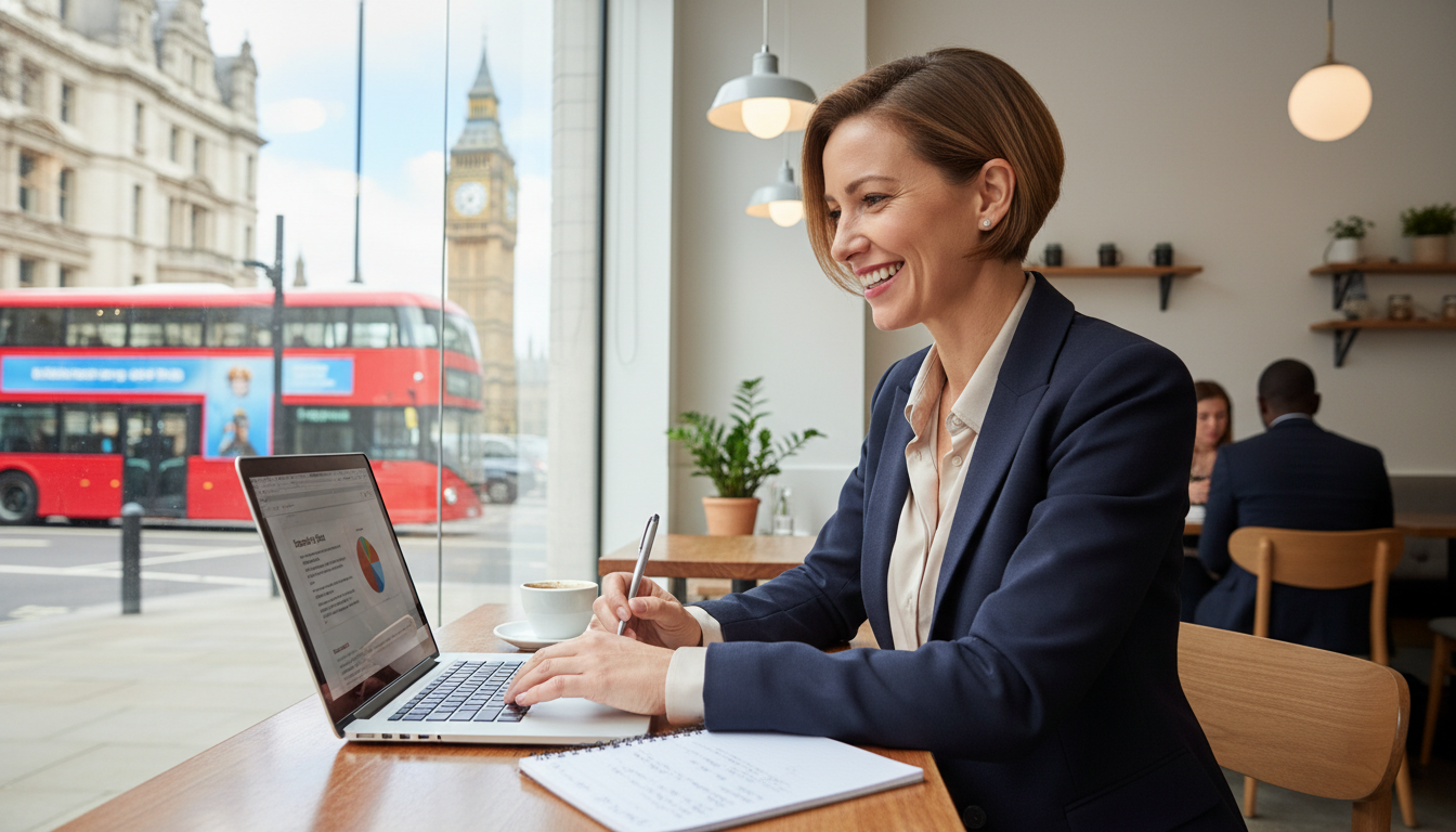 A professional expat entrepreneur sitting in a bright, modern London cafe with a laptop, smiling while working on a business plan, iconic red bus and historic architecture visible through the large window, highly detailed, photorealistic style.