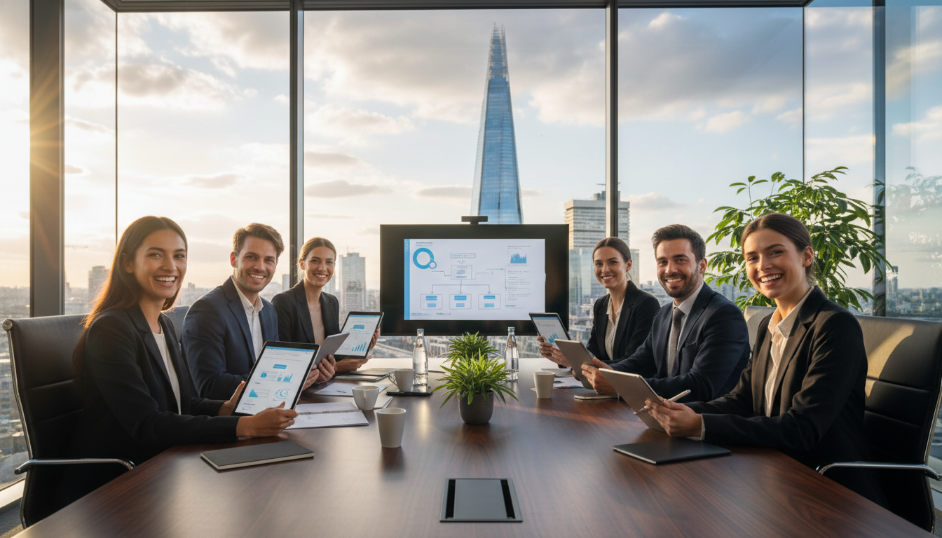 A professional and photorealistic shot of a modern glass-walled boardroom in London, overlooking the Shard skyscraper, where a group of diverse young entrepreneurs are smiling and signing digital documents on tablets.