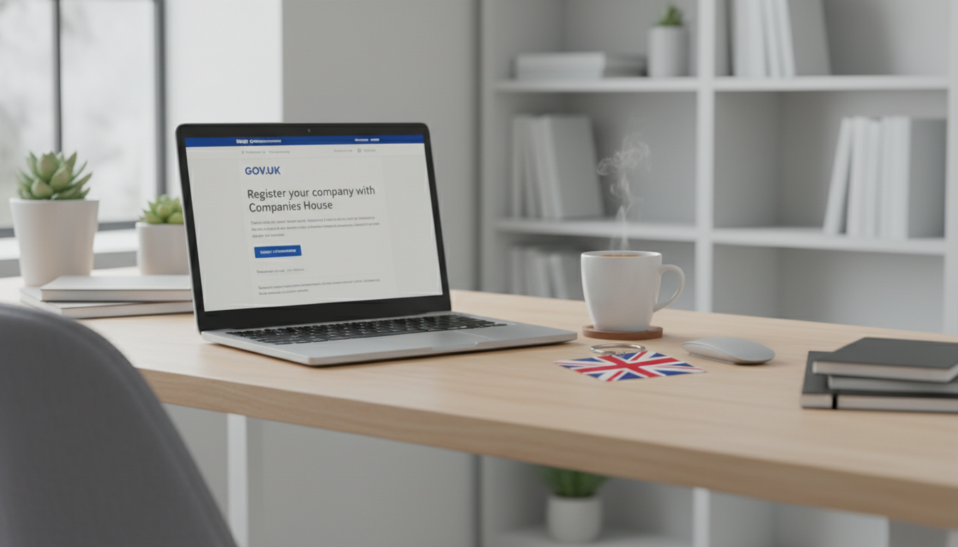 A bright and modern home office setup with a laptop showing the official UK government website for company registration, a steaming cup of coffee, and a small British flag keychain on the desk, captured in high-quality professional photography style.
