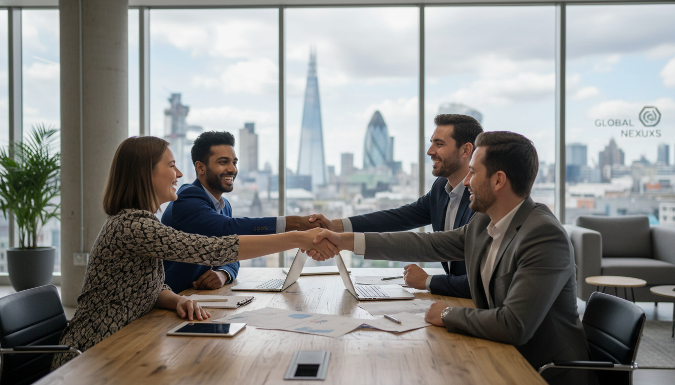 A high-quality, photorealistic image of a diverse group of entrepreneurs shaking hands and collaborating in a modern, glass-walled office in London, with the iconic city skyline visible through the window.