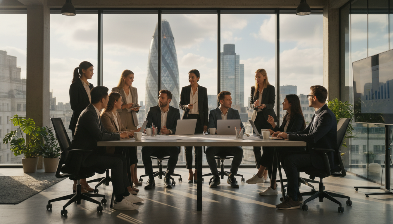 A diverse group of young entrepreneurs in a modern, glass-walled office in London, with the iconic Gherkin building visible in the background, photorealistic, cinematic lighting, 8k resolution.