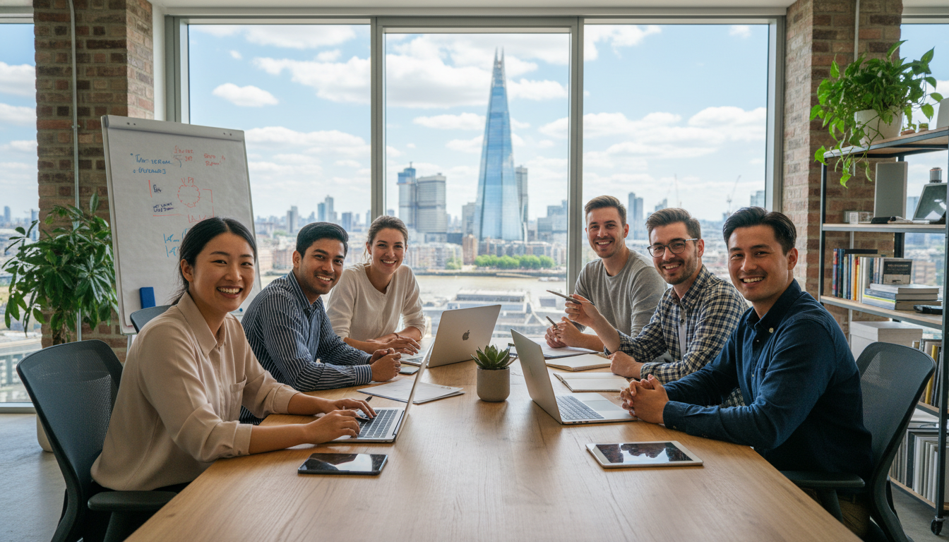 A diverse group of young entrepreneurs smiling and collaborating in a modern, sunlit London co-working space with a view of the Shard in the background, high resolution, photorealistic.