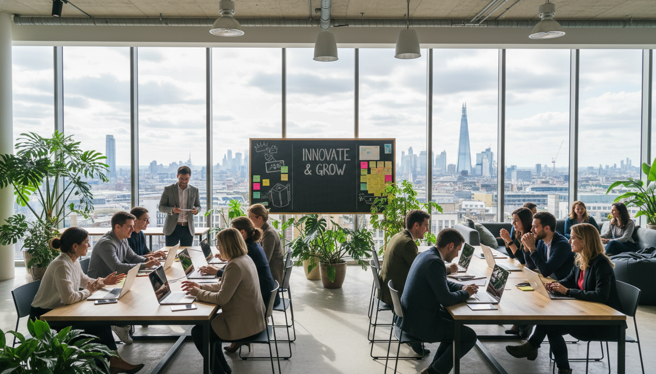 A photorealistic wide shot of a diverse group of young entrepreneurs collaborating in a bright, modern London-style co-working space with large windows overlooking the city skyline, high-end laptops on wooden tables, and indoor plants.